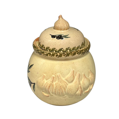 Decorative ceramic jar with olive design and 'Ail' inscription on a white background