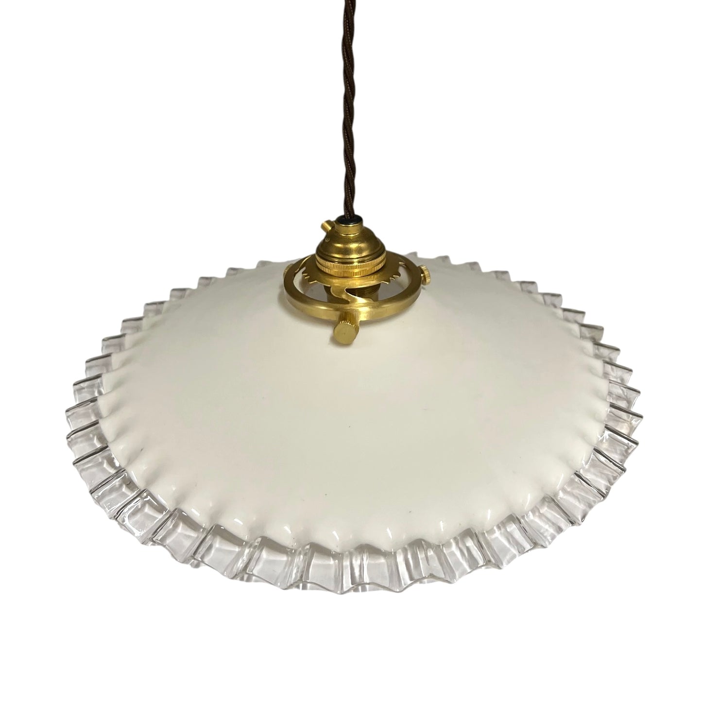 Vintage French Opaline Milk Glass Pendant Pie Crust Lampshade with Brass Collar