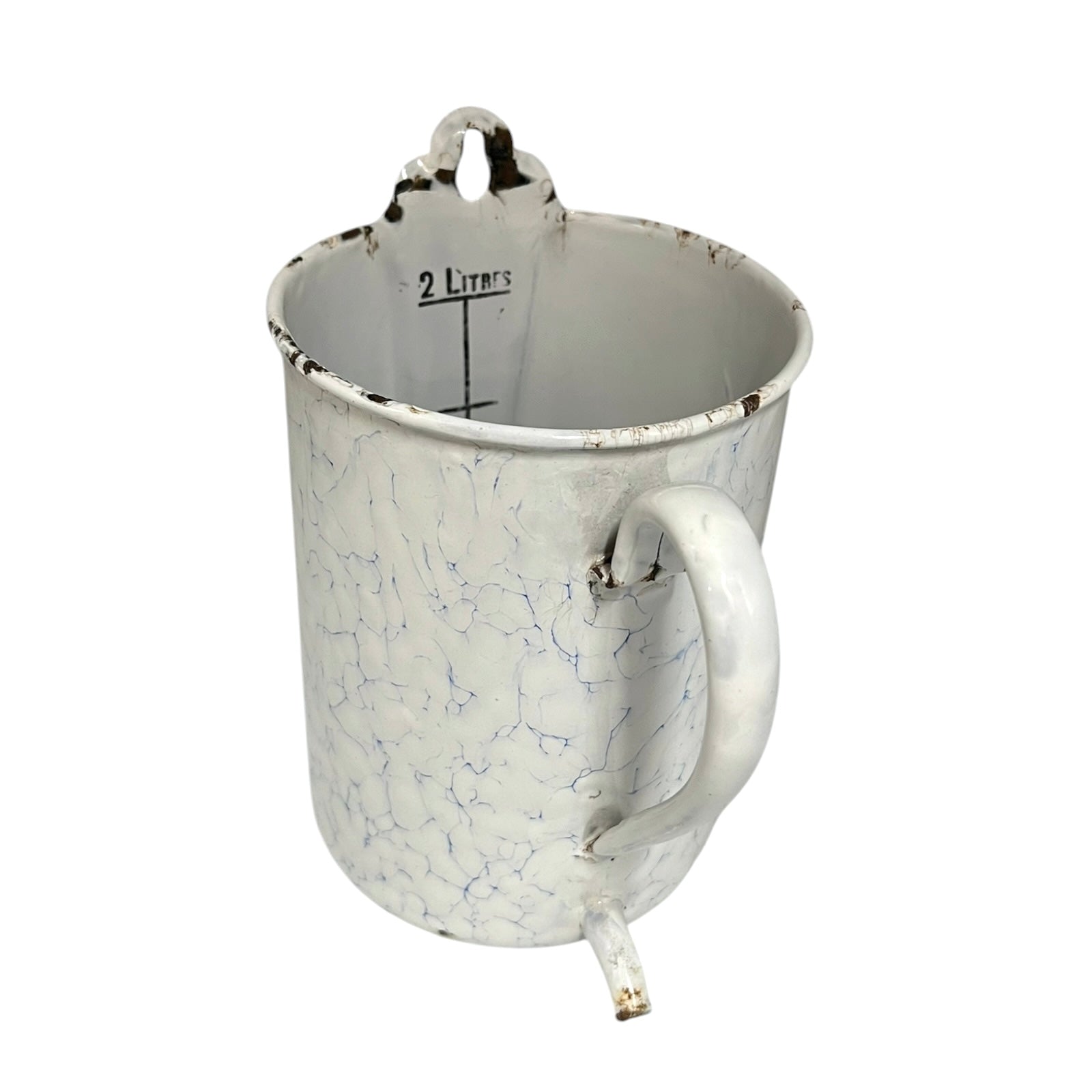 White and blue enamelled garden planter with marbled pattern on a white background