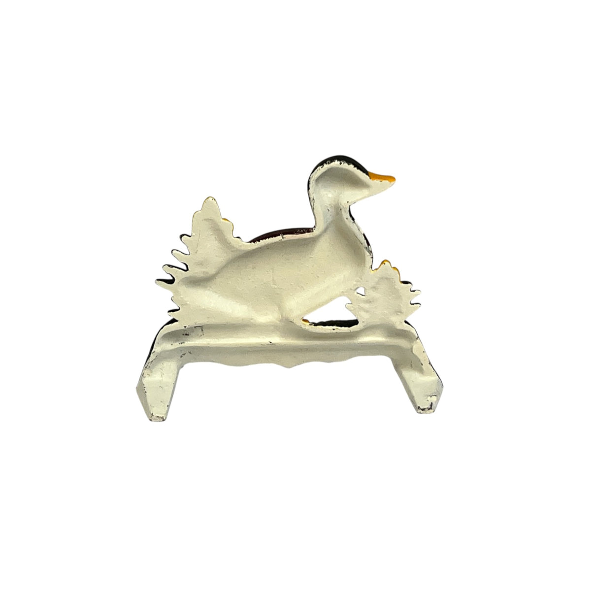 A small duck-shaped ornament or figurine in a translucent clear material with black detailing and a yellow beak, shown on a plain white background.