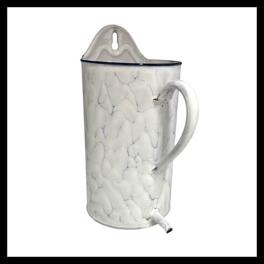 Vintage Enamel French Irrigator, Garden Planter, Kitchen Jug or String Dispenser in white and blue for sale from All Things French Store