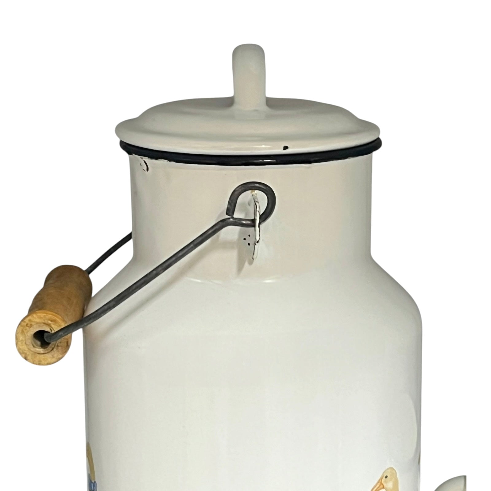 White enamel milk churn and mug with duck design on a white background