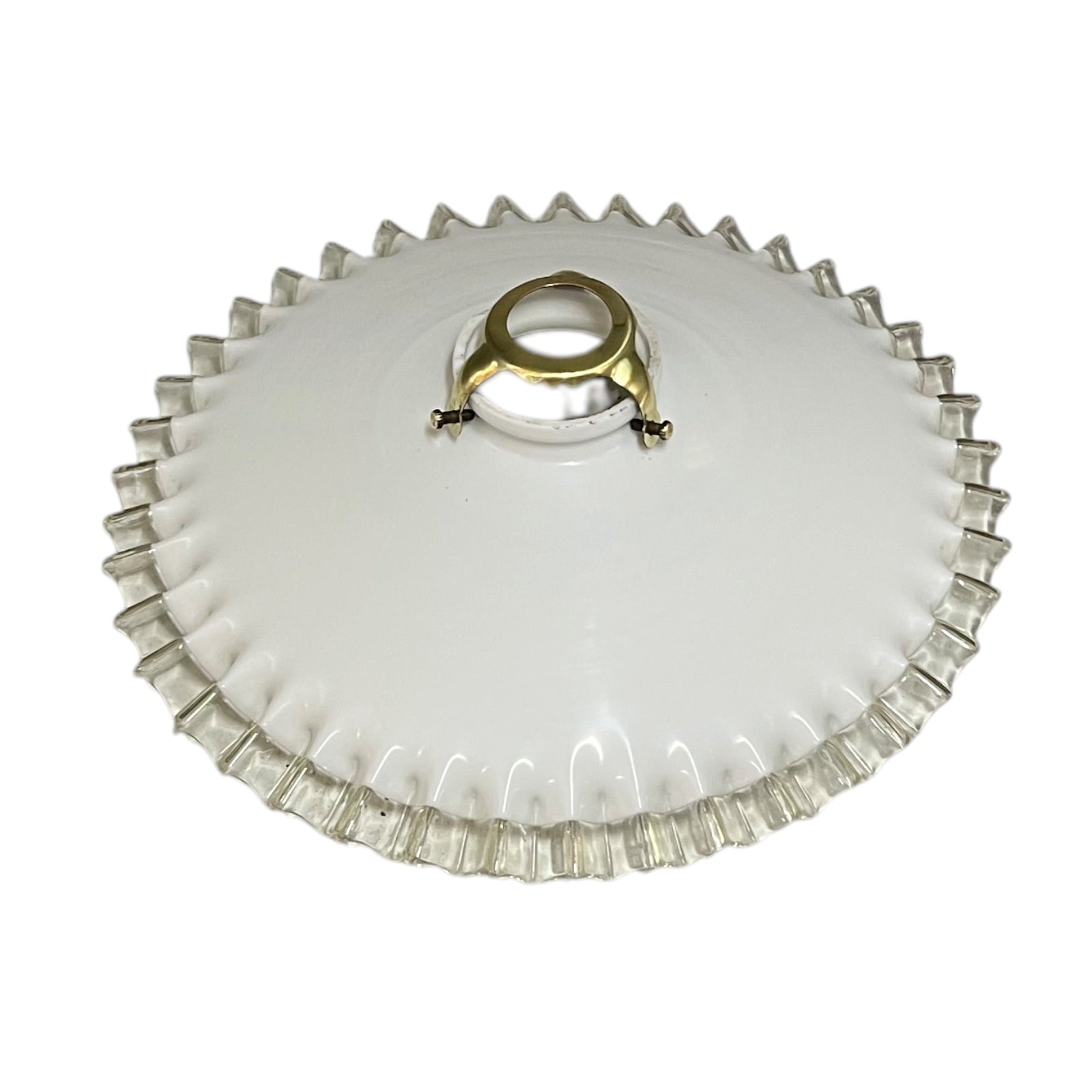 French vintage milk glass opaline lampshade with a frilled edge and brass collar, set against a white background, perfect for adding charm to a vintage-style period home.