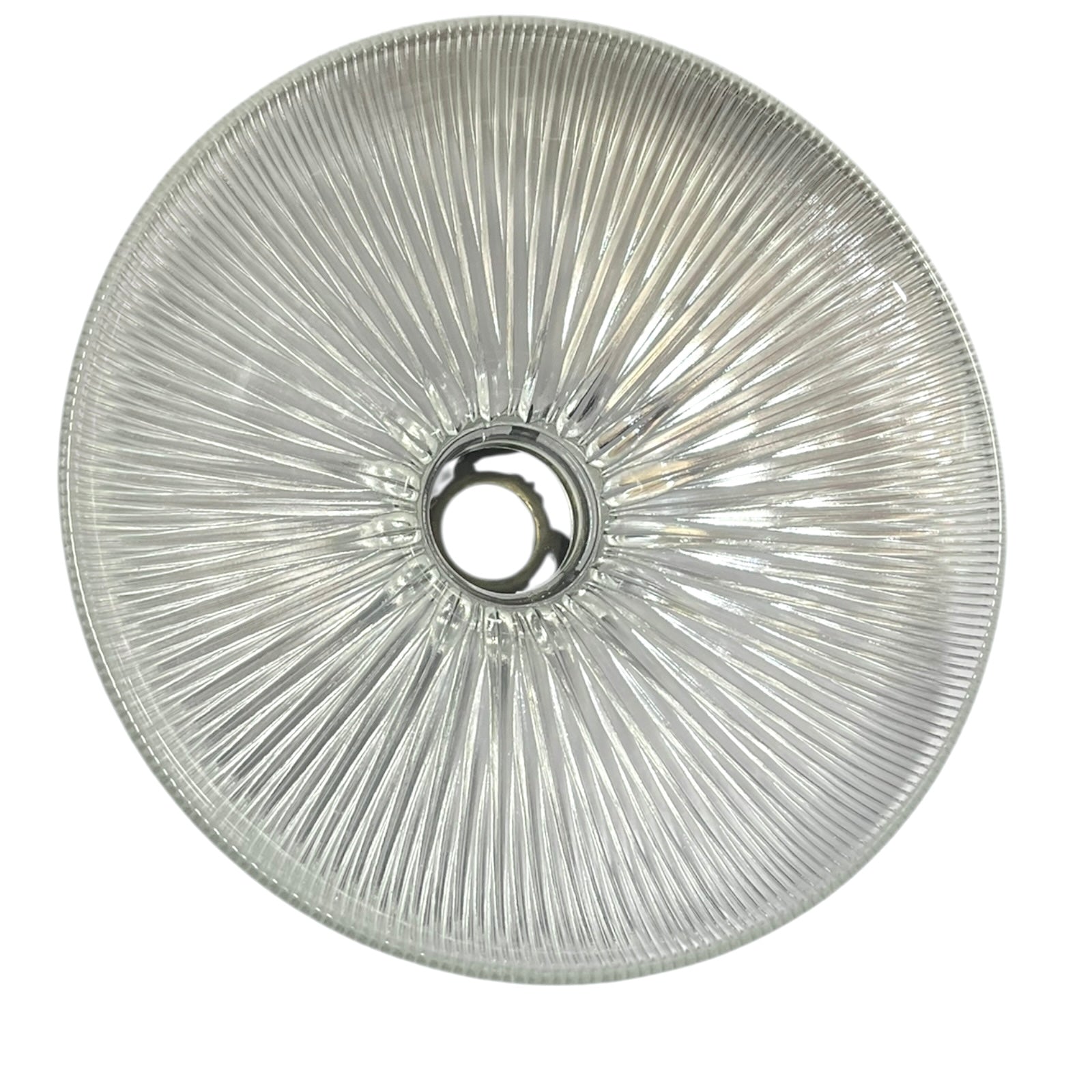 Round glass light fixture with textured surface on a white background