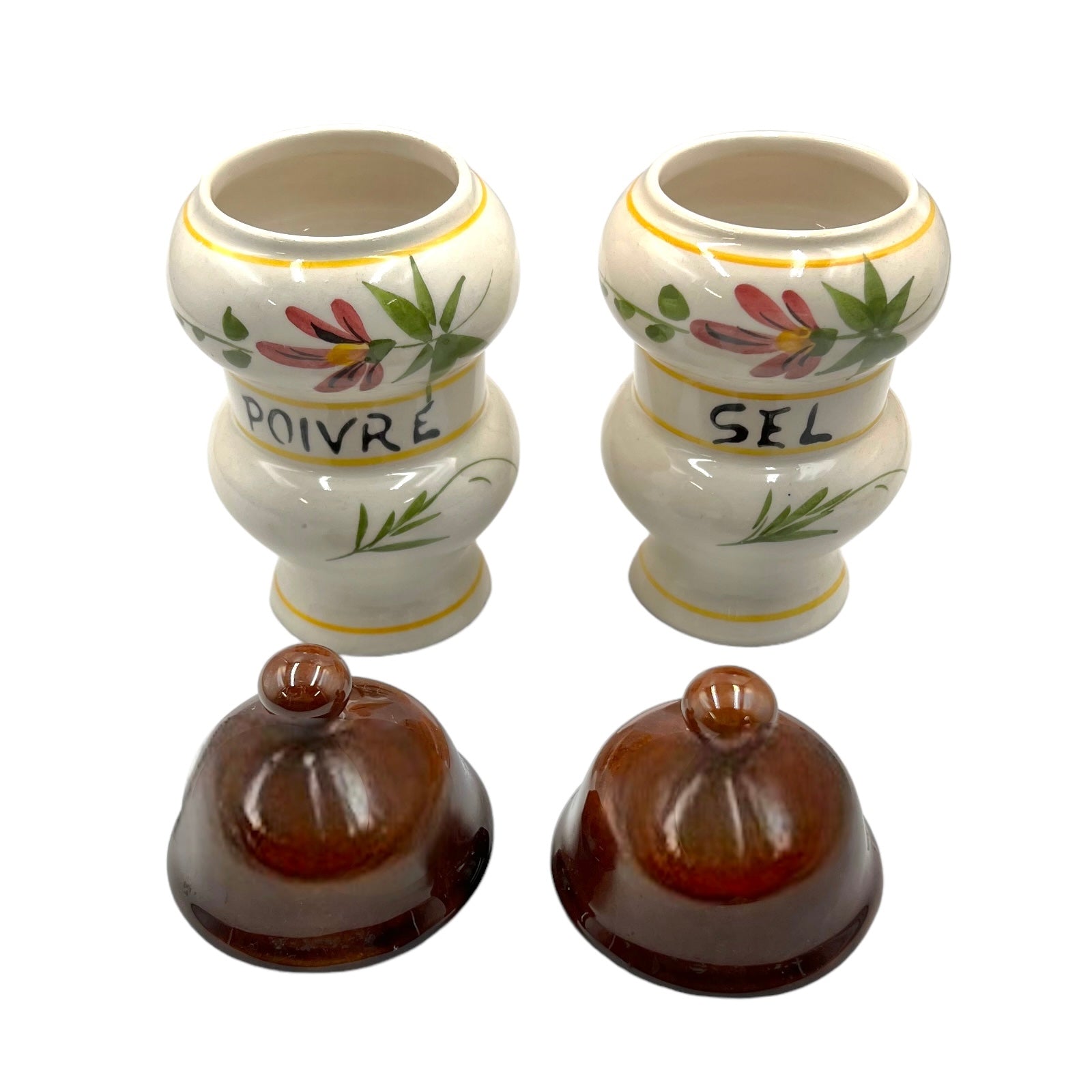 Pair of French vintage ceramic canisters for salt and pepper