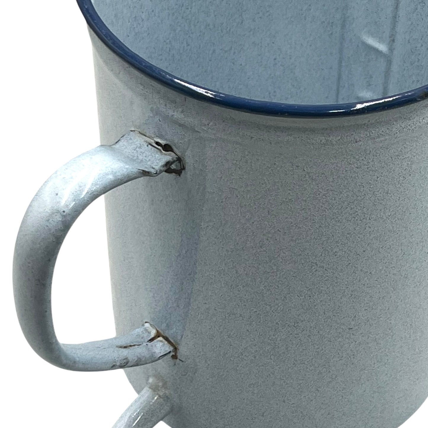 French vintage enamel irrigator jug, white and blue with a handle and a small spout on a white background