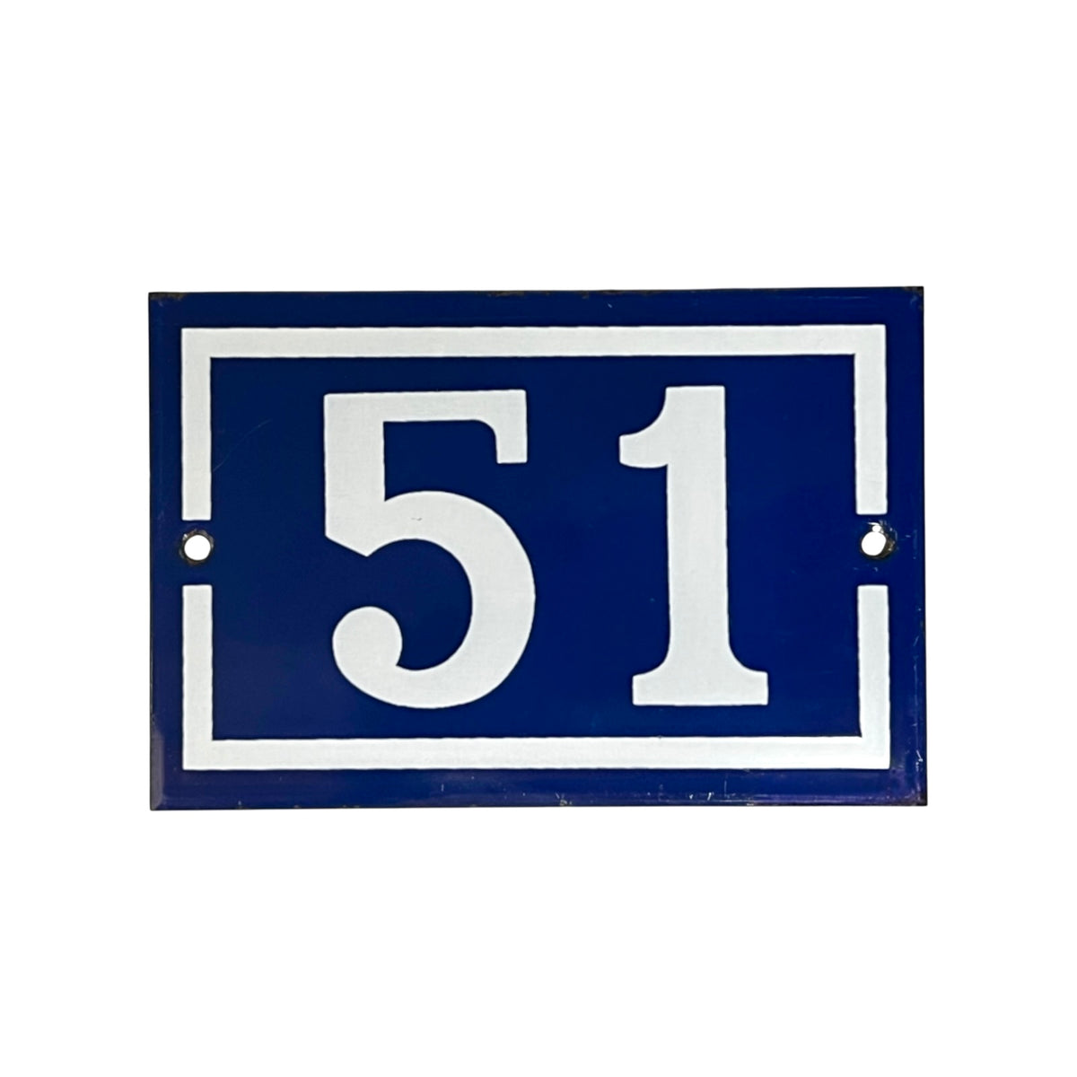A rectangular blue house number plaque with white lettering and border, shown against a plain white background.