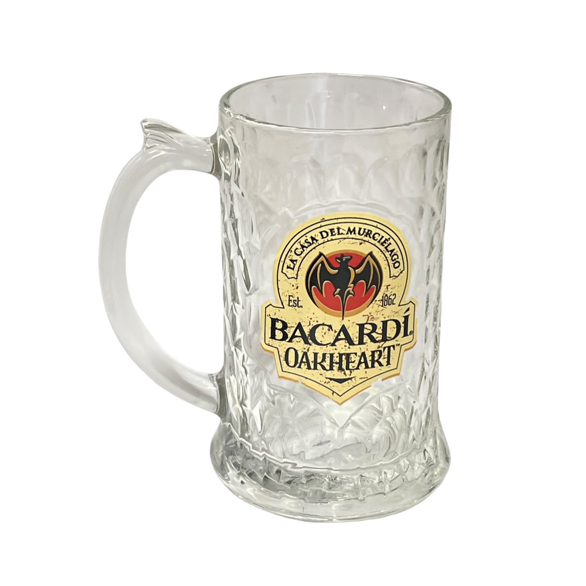 A clear glass beer stein mug with a textured pattern and a prominent Bacardí Oakheart logo on the front, set against a plain white background.