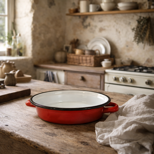Red enamel skillet on a wooden kitchen counter with rustic decor.