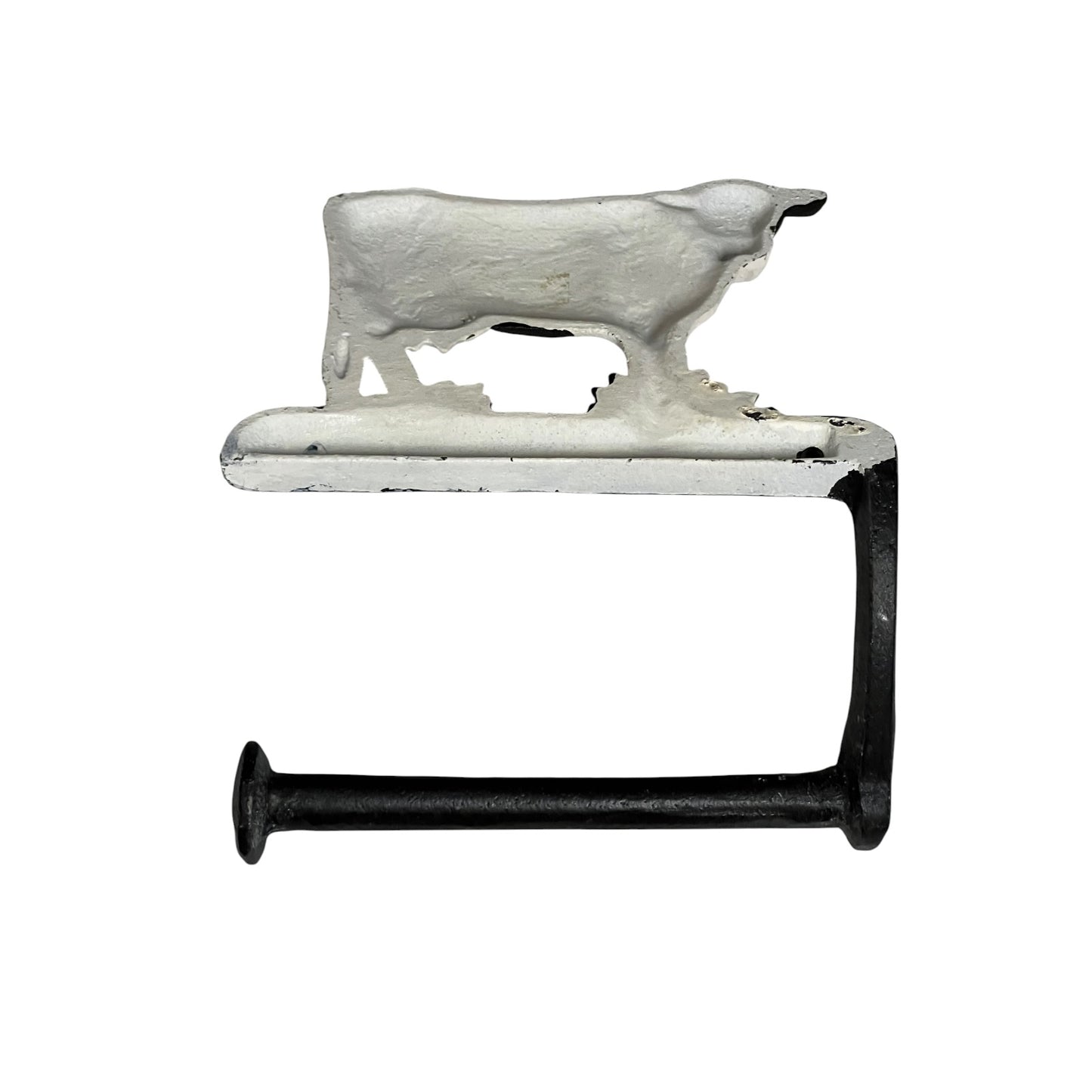 Decorative toilet paper holder with cow design on a white background