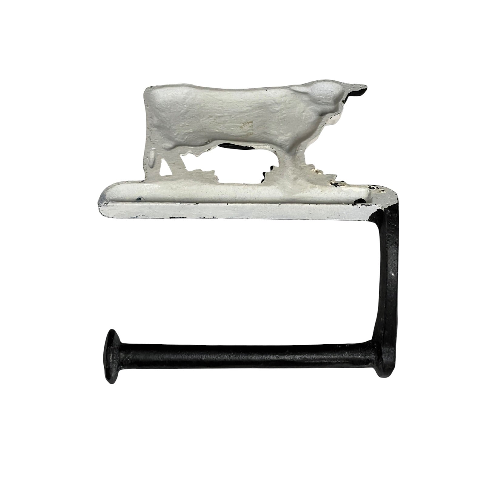 Decorative toilet paper holder with cow design on a white background