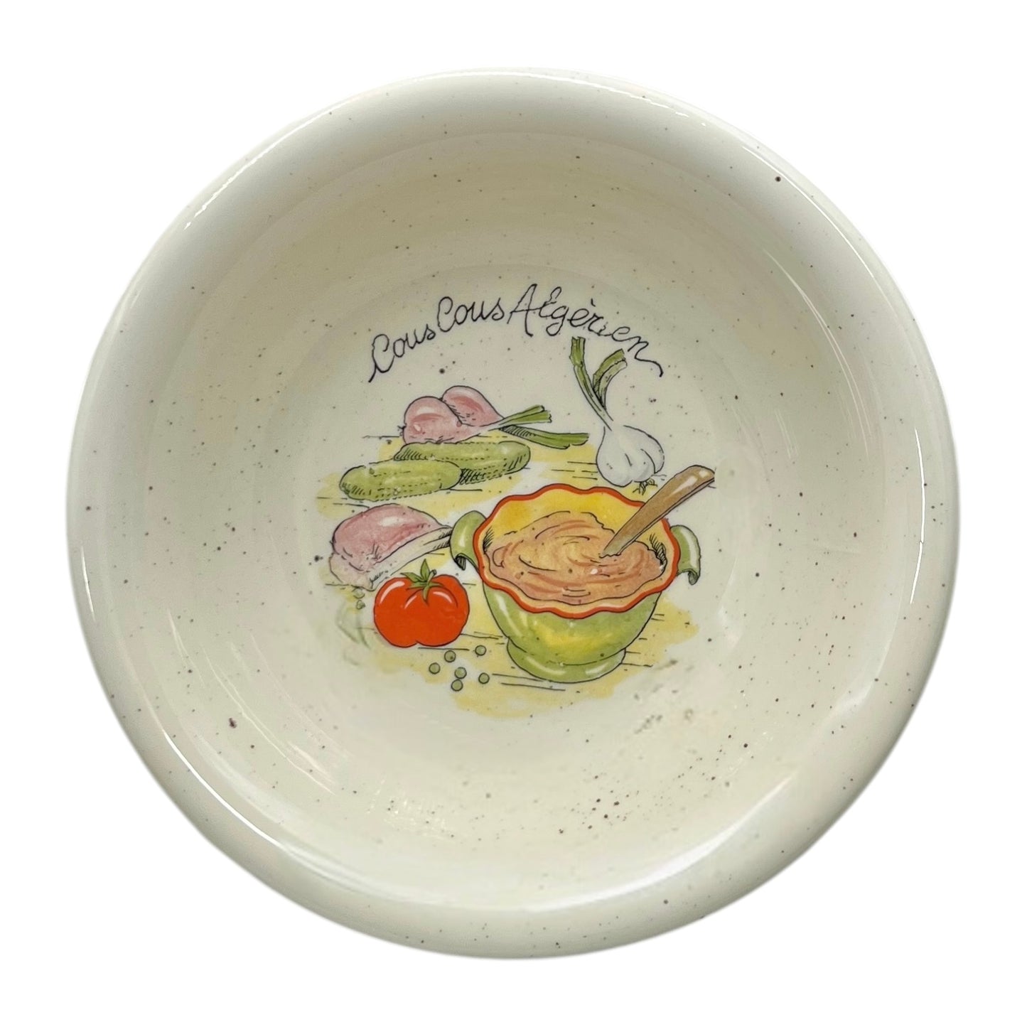 Ceramic bowl with 'Couscous Algerian' design on a white background