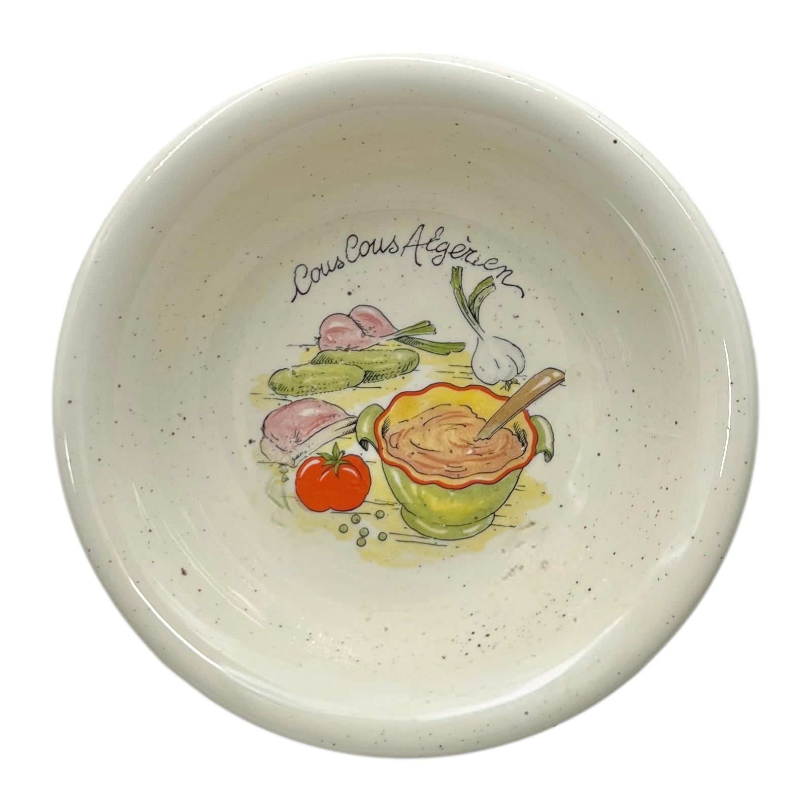 Ceramic bowl with 'Couscous Algerian' design on a white background