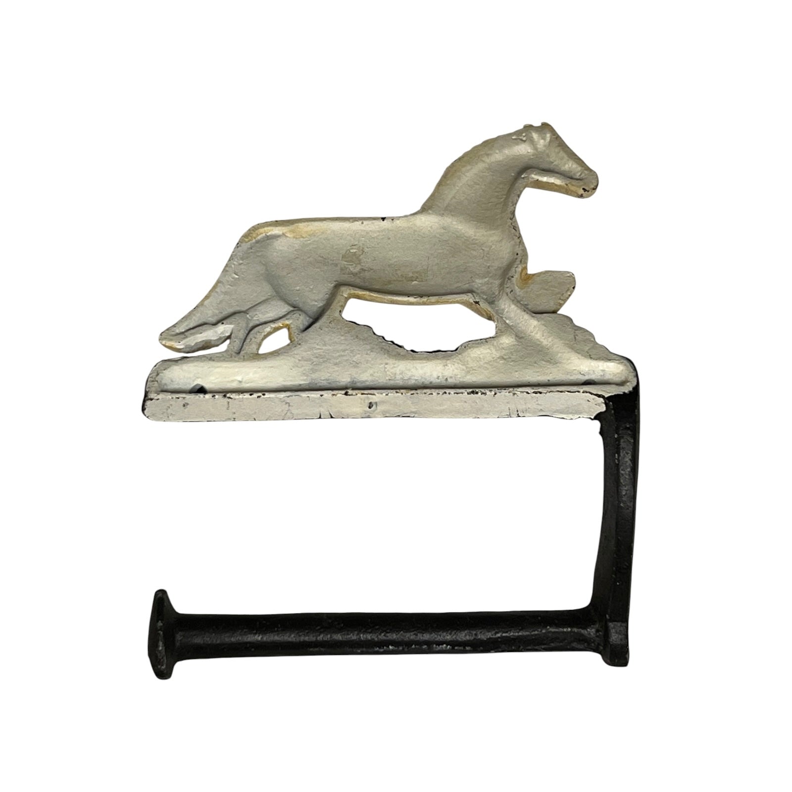 A vintage cast iron horse-shaped door stopper with a weathered silver top and a black base, photographed on a solid white background.