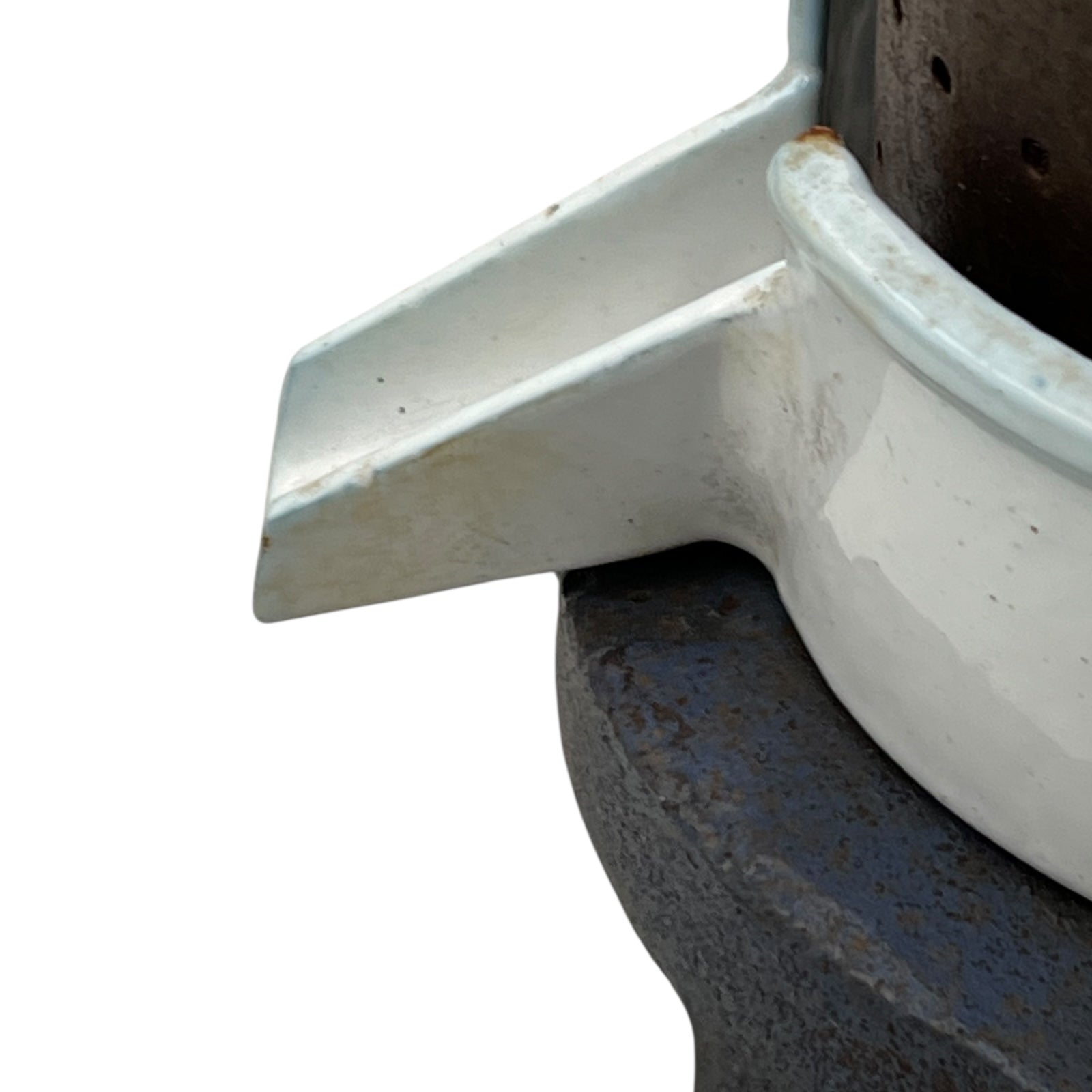 Close-up of a vintage French fruit press with an enamel pot on a white background