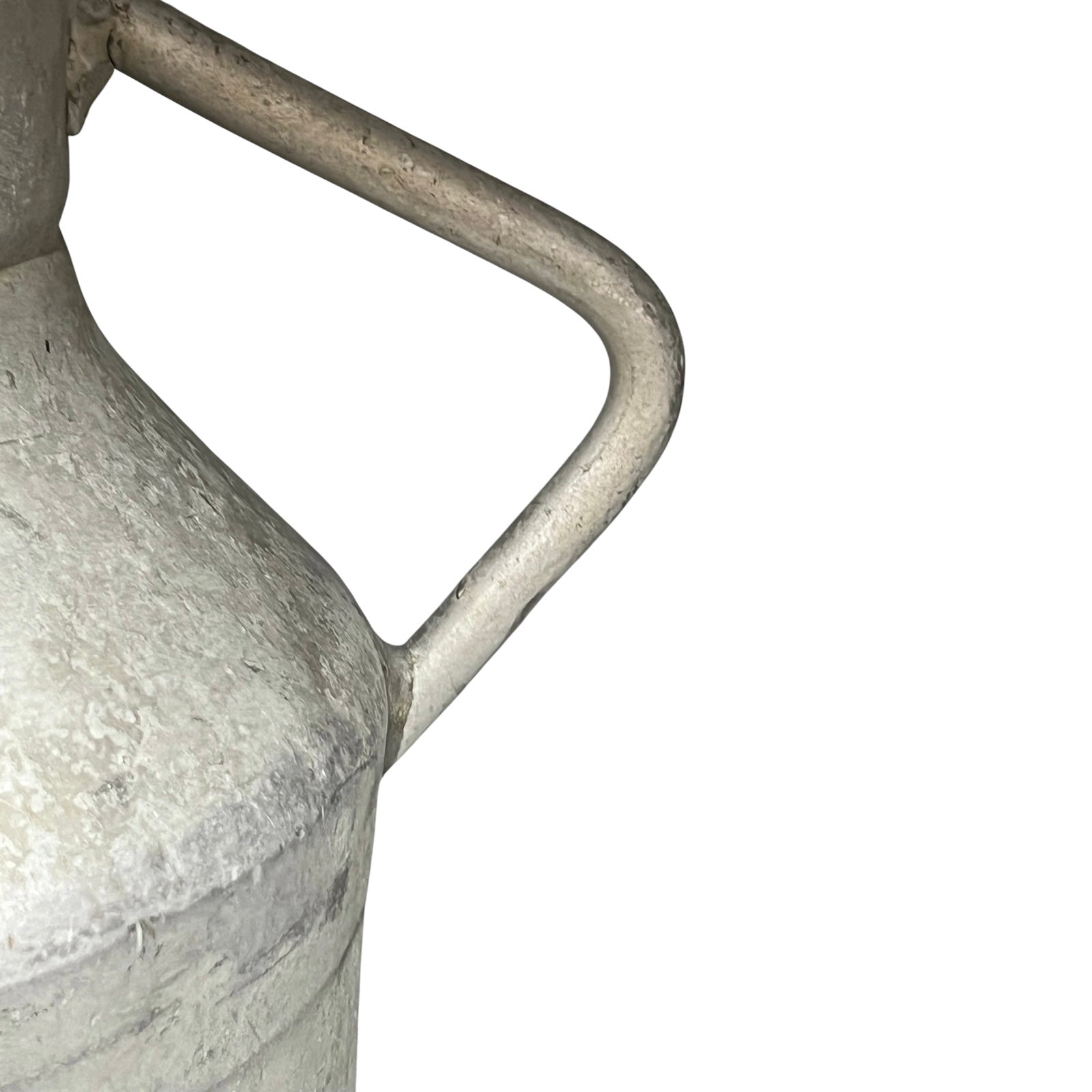 Close up of a vintage metal milk churn on a white background