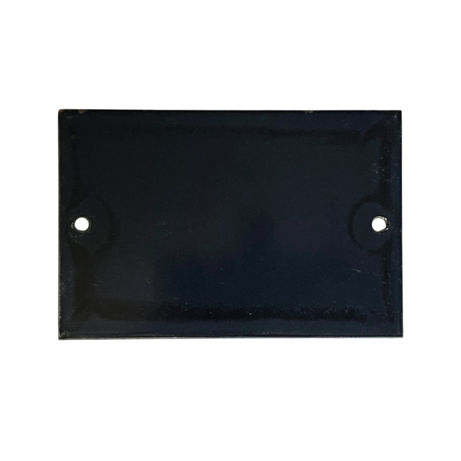 A glossy black rectangular metal plate with two pre-drilled holes on the left and right sides, shown against a plain white background.