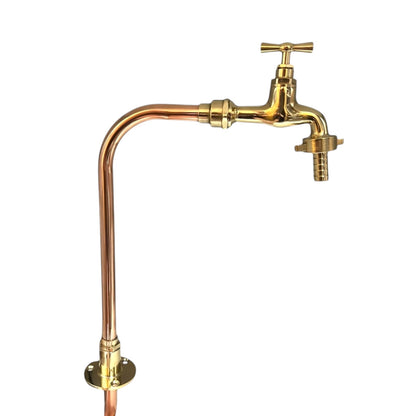 Gold-colored faucet with a curved spout on a white background