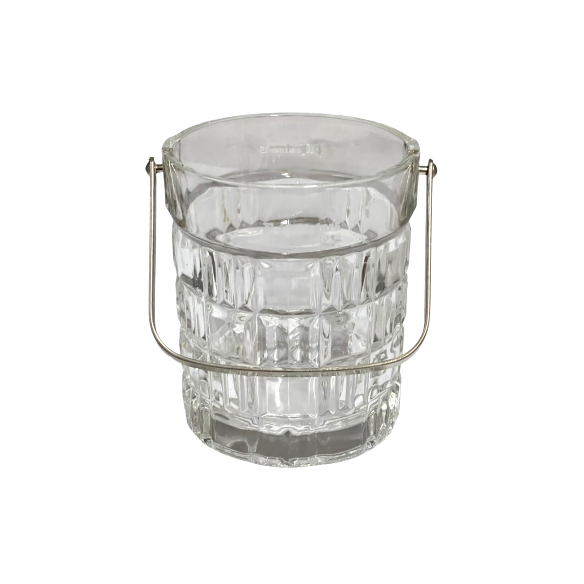 A clear glass bucket with a textured, faceted pattern and a silver metal wire handle, shown on a plain white background.
