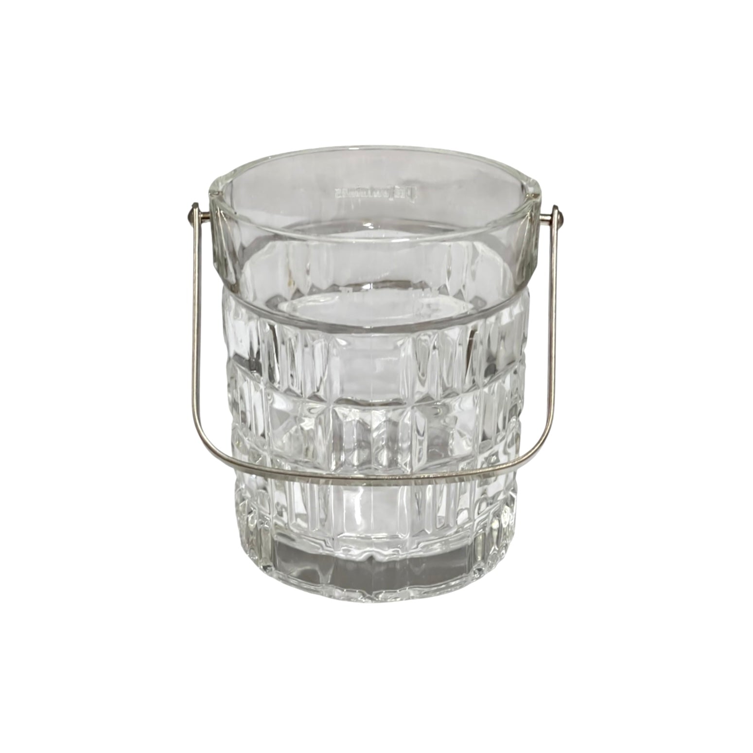 A clear glass bucket with a textured, faceted pattern and a silver metal wire handle, shown on a plain white background.