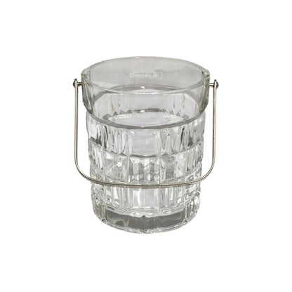 A clear glass bucket with a textured, faceted pattern and a silver metal wire handle, shown on a plain white background.