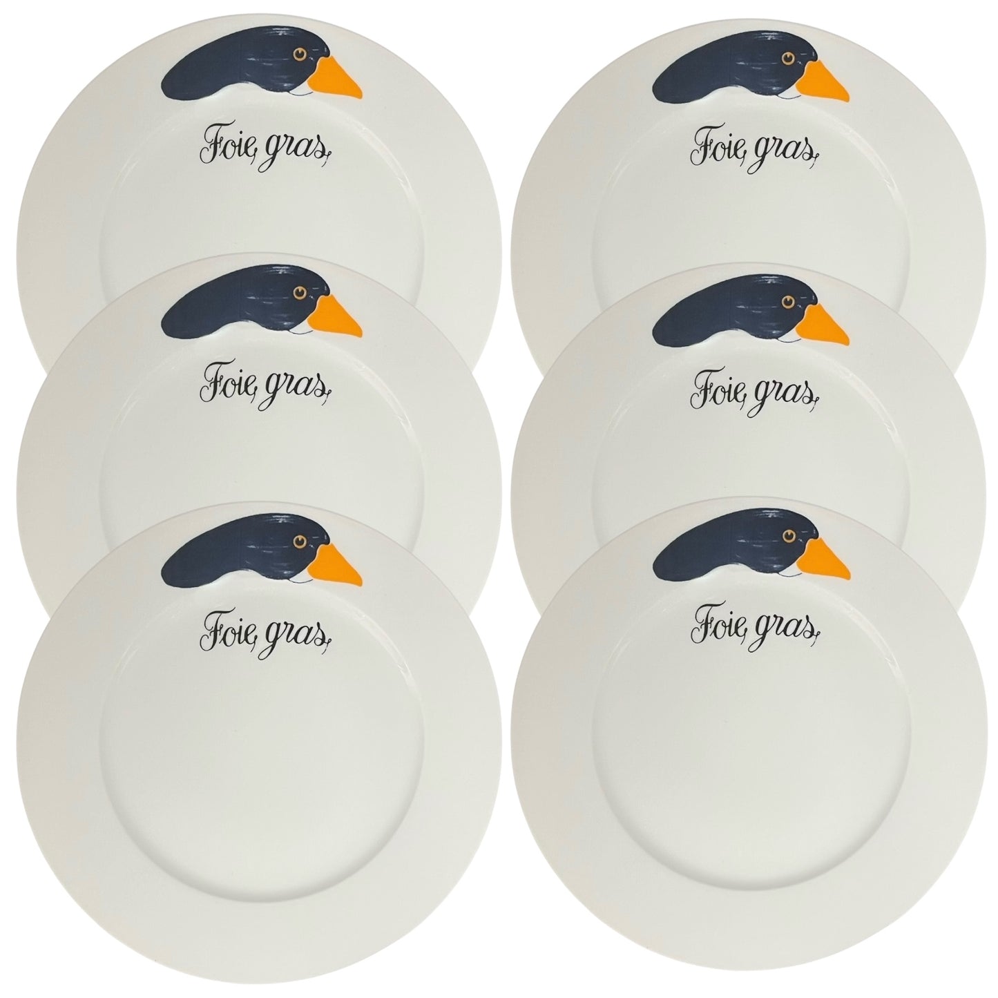 Set of white plates with a duck design and 'Foie gras' text on a white background