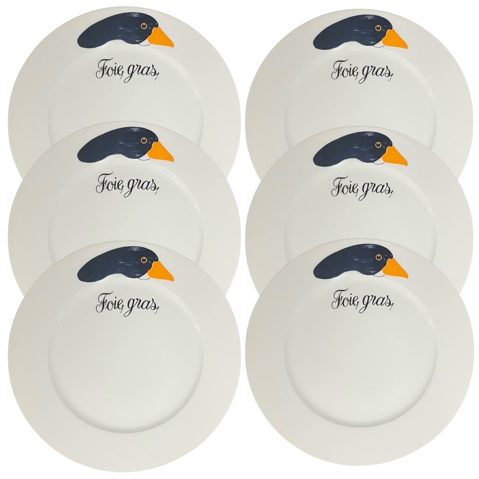 Set of white plates with a duck design and 'Foie gras' text on a white background