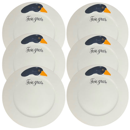 Set of white plates with a duck design and 'Foie gras' text on a white background