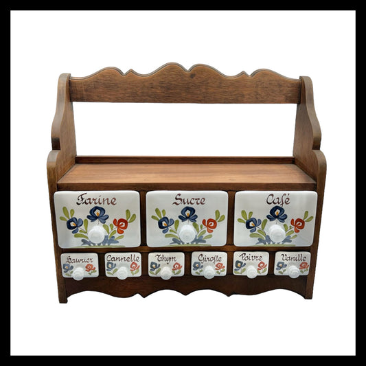 French rustic wooden and ceramic herb and spice rack for sale by All Things French Store