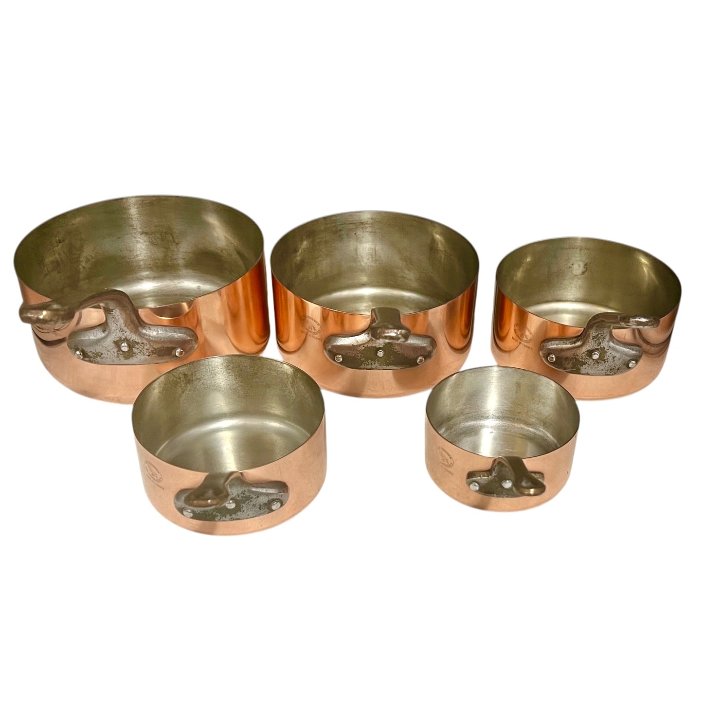 Close-up of copper cookware with iron handles on a white background