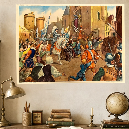 A vintage-style art print depicting a medieval battle scene with knights on horseback and soldiers, displayed on a wall above a desk with books, a lamp, and a globe.