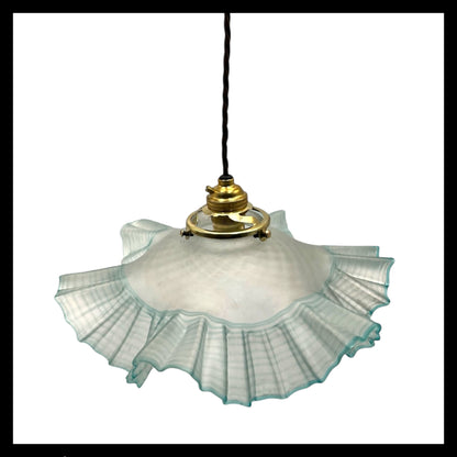 Vintage French Pendant Light, Blue Frosted Glass Hanging Lampshade 