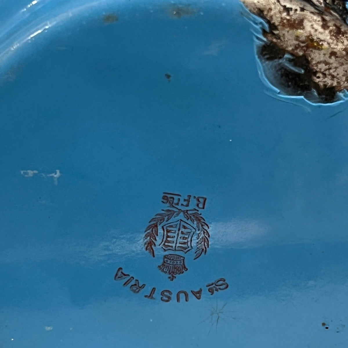 Close-up of the underside of a blue plastic tray or dish, showing a brown printed emblem and the text 'S.AUSTRIA' and 'B.
