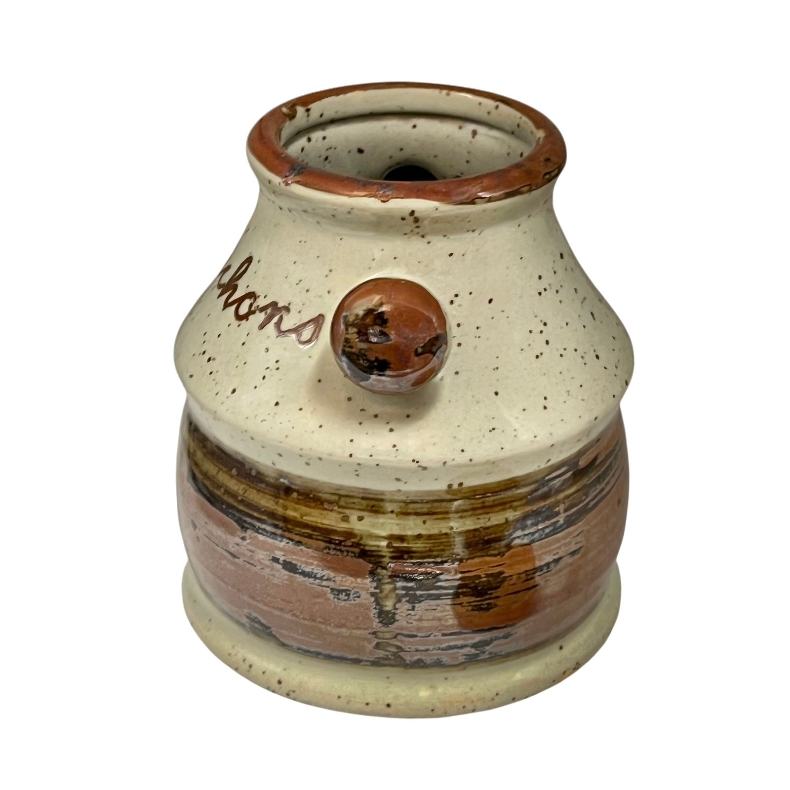 Vintage French cornichon pickle jar with cork lid on a white background