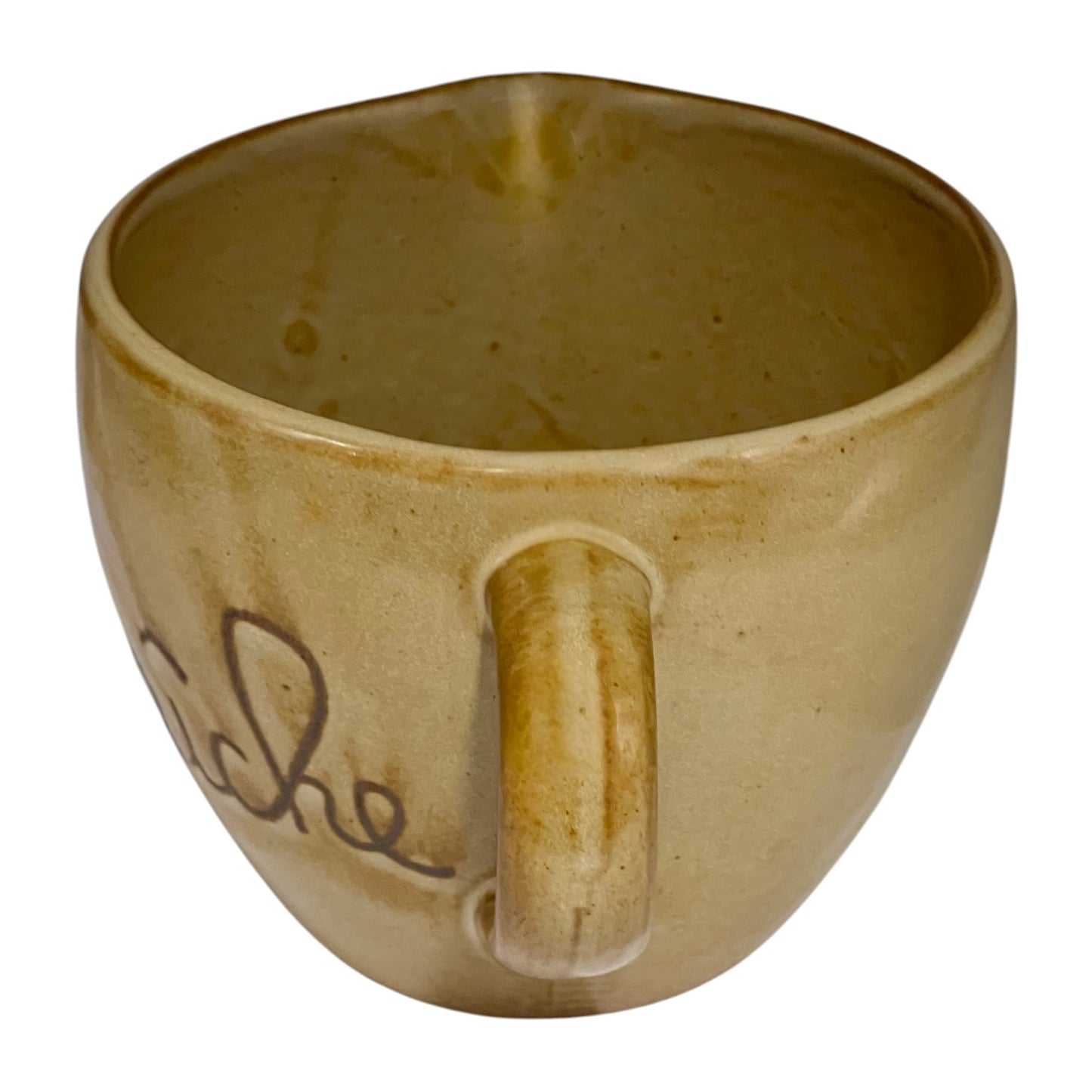 Close up of ceramic pitcher with 'eau fraiche' text on a white background