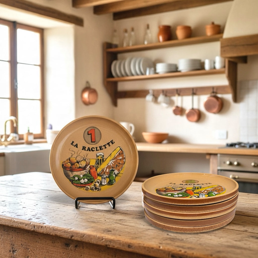 Decorative plates with 'La Raclette' design on a wooden surface in a kitchen setting.