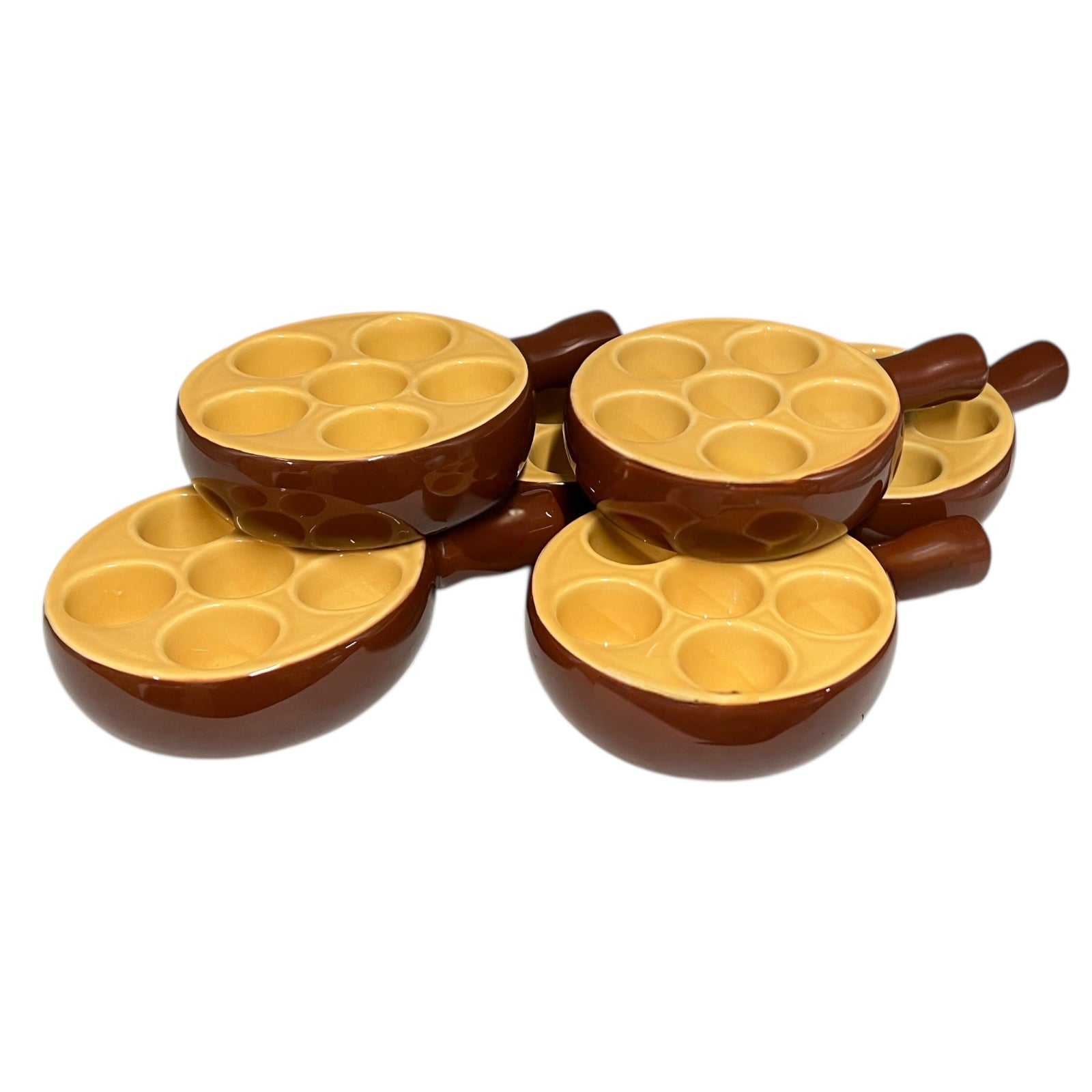 Set of 6 brown ceramic escargots dishes with handles and a pale interior, on a white background.