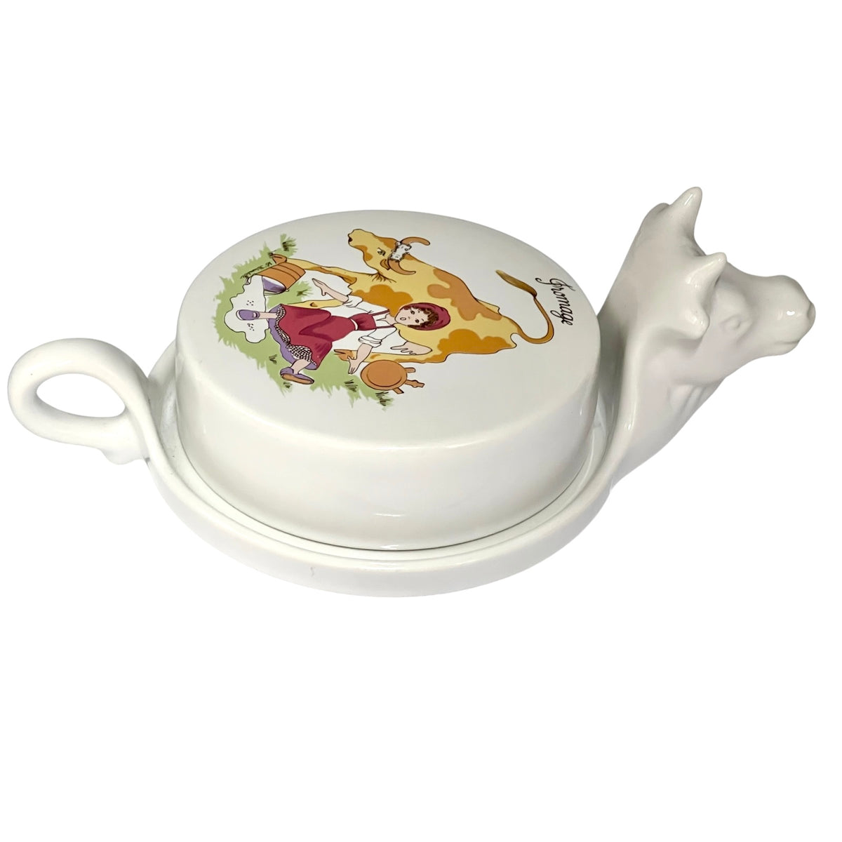 Vintage French L'Hirondelle porcelain cheese dish with cow-shaped white base and illustrated Fromage lid, traditional French farmhouse cheese server on a white background