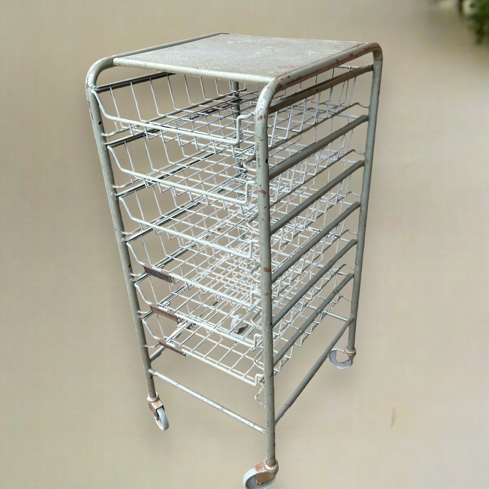 Vintage French Metal Drawer Trolley on Wheels, Industrial Mobile File Storage