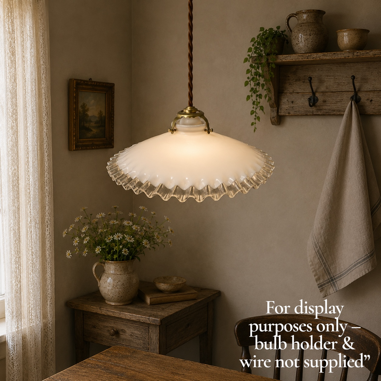 French vintage milk glass opaline lampshade with a frilled edge and brass collar, set against a rustic kitchen background, perfect for adding charm to a vintage-style period home.