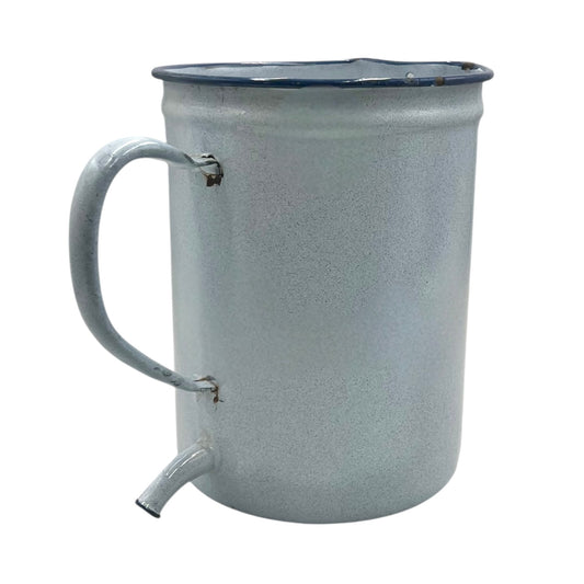 French vintage enamel irrigator jug, white and blue with a handle and a small spout on a white background