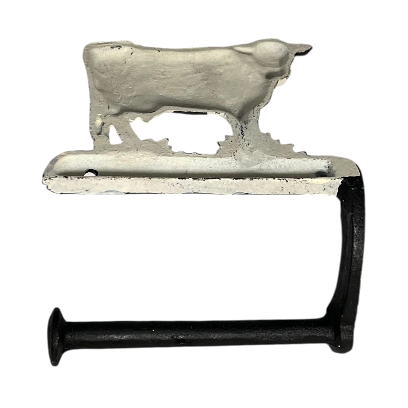 Back of cow toilet paper holder with black and white pattern on a white background