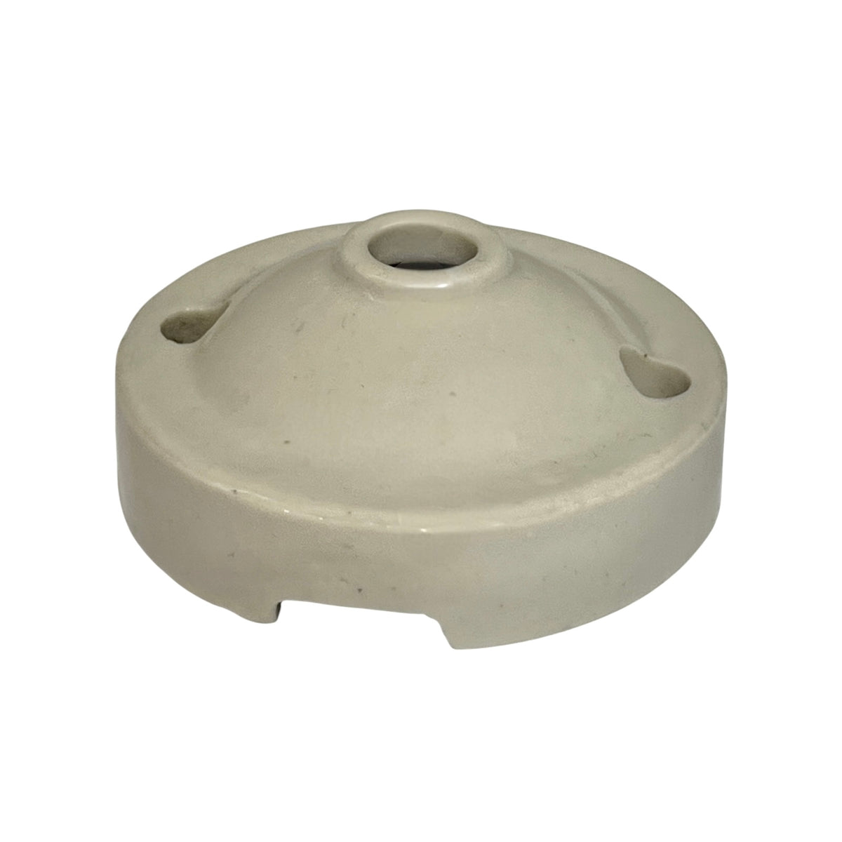 A light porcelain ceiling light fitting with a central hole and two side slots, shown on a plain white background.