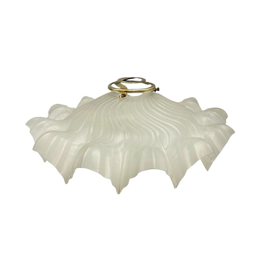 French vintage frosted glass frilled edge lampshade with a brass gallery collar on a white background 