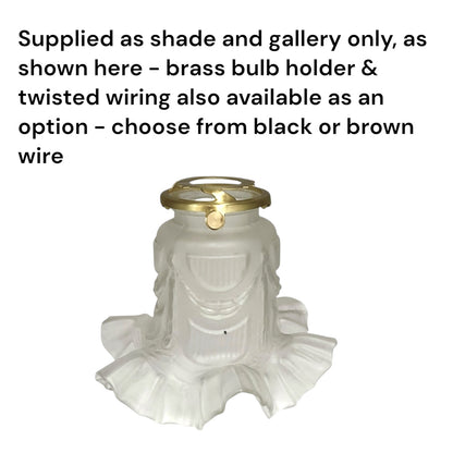 A white pleated glass shade shade holder with a brass-colored metal top ring and twisted wire connector, shown on a white background with descriptive text above.