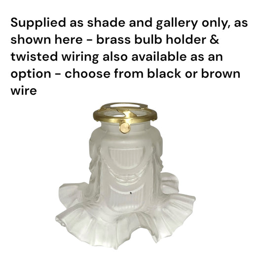 A white pleated glass shade shade holder with a brass-colored metal top ring and twisted wire connector, shown on a white background with descriptive text above.