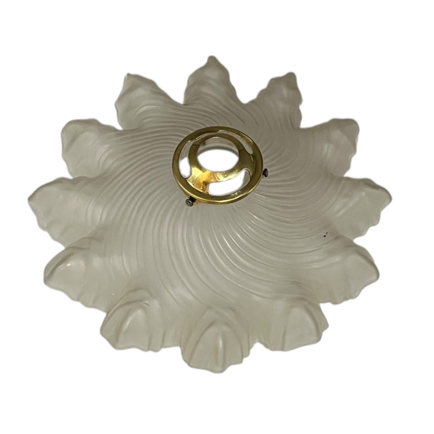 Close up of a vintage-style light fixture with frosted glass shade on a white background