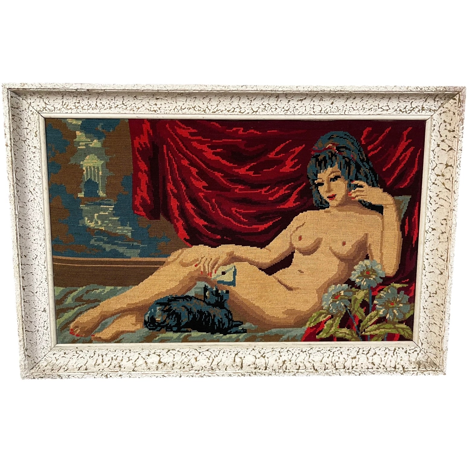 Large French vintage tapestry in a white frame, featuring a reclining nude, perfect for a tapestry collector, set against a white background.