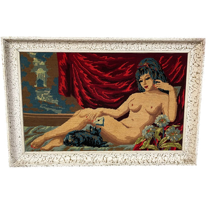 Large French vintage tapestry in a white frame, featuring a reclining nude, perfect for a tapestry collector, set against a white background.