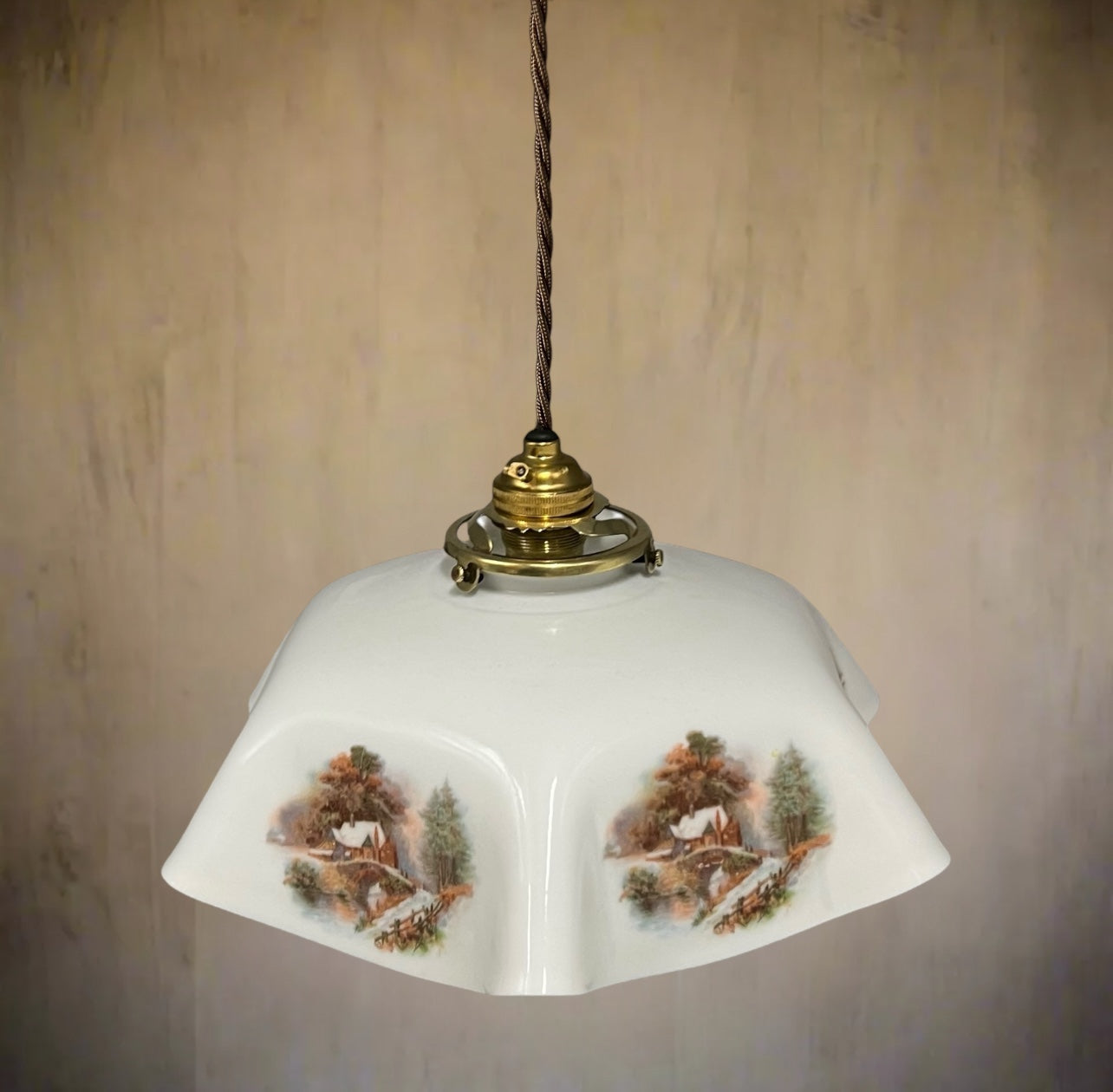 Vintage French Pendant Light, White Milk Glass, Hanging Interior Lampshade 